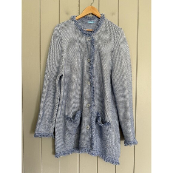 J. McLaughlin Lexa Knit Fringe Trim Coastal Blue Sweater Cardigan Jacket XL - Picture 1 of 6